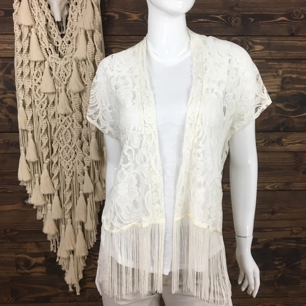 Swoon | Crochet Mesh Lace Fringe Kimono Cardigan‎ Cream